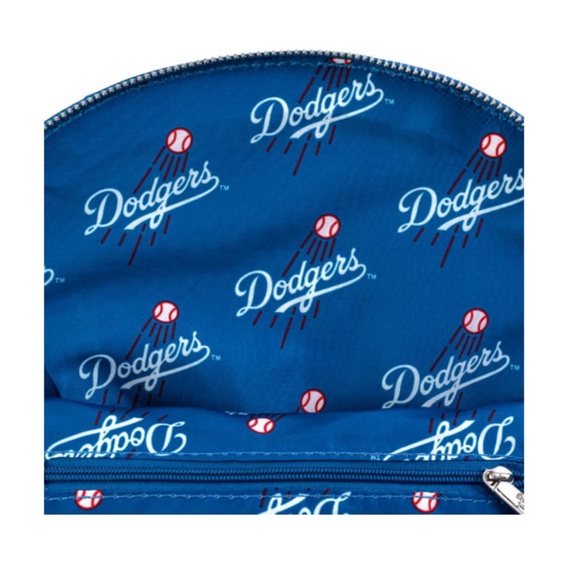 Loungefly MLB LA Los Angeles Dodgers Blue Satin Jacket Convertible Mini Backpack - Picture 10 of 11